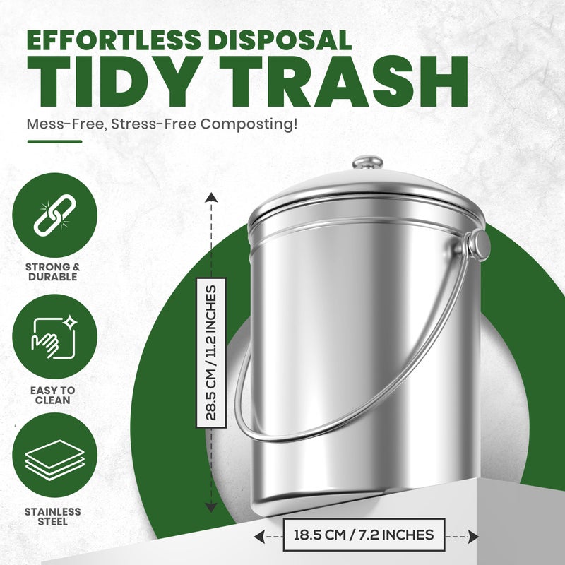 Utopia Kitchen Indoor Compost Bin Kitchen, Odorless Composting with Charcoal Filter, 1.3 Gallon Stainless Steel Large Composter for Countertop & Under Sink, Easy Cleaning, One Extra Filter - (Silver) - Image 2